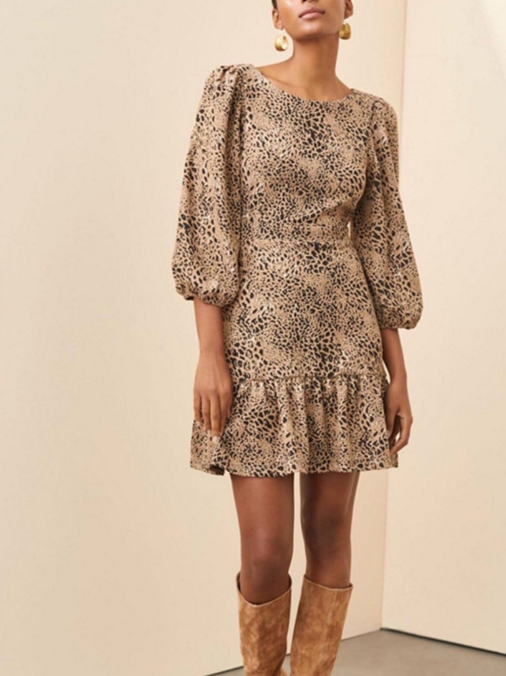 Anthropologie Leopard-Print Puff-Sleeve Mini Dress in Tan